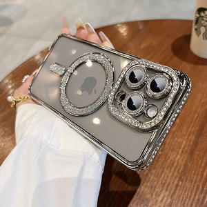 Nouveau étui de téléphone transparent magnétique de galvanoplastie pour <span class=keywords><strong>iPhone</strong></span> 11 <span class=keywords><strong>12</strong></span> 13 14 15 promax accessoires de téléphone de frontière de strass de luxe - Product Image 5