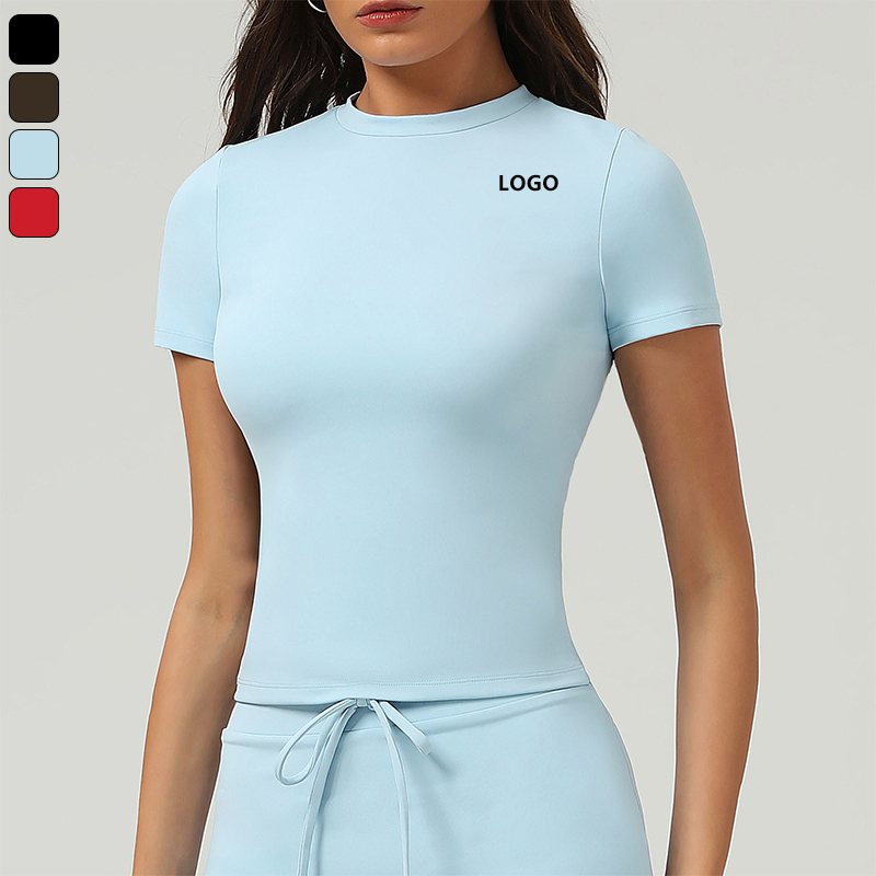 Wholesale Yoga Short Sleeve Fitness Workout Women's Clothing Elastic Activewear Round Neck Sports Gym Crop Yoga Tops