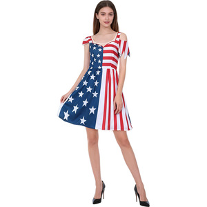 EE. UU. Vestido midi con estampado de bandera, hombros descubiertos, corte en A, cintura natural, ropa con temática patriótica para celebraciones festivas - Product Image 1