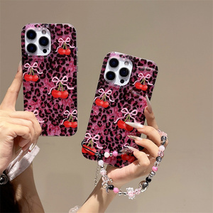 Glitter Leopard Bow Cherry Mobile Phone case for iPhone 17 16 15 14 13 Pro Max charms Love IMD Chain pink PC back <b>Cover</b> New - Product Image 2