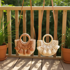 Petit sac à main semi-circulaire à franges en dentelle, sac bandoulière 26x23x6cm, sac en papier tissé BOLSO - Product Image 3