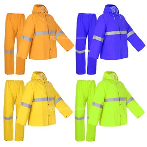 High Quality Working Reflective Rain Jacket Waterproof 2 Piece Polyester Raincoat With Hood Pvc Rain Suit