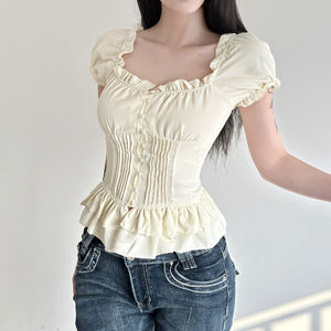 เสื้อยืดผู้หญิงคอเหลี่ยมแต่งระบาย แขนพอง ติดกระดุม ผ้าถัก สีพื้น สไตล์หวาน ใส่ได้ทุกวัน - Product Image 4