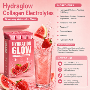 Poudre d'électrolytes hydratante OEM Fraise Pastèque au <span class=keywords><strong>collagène</strong></span>, <span class=keywords><strong>acide</strong></span> <span class=keywords><strong>hyaluronique</strong></span> et vitamine C pour une peau éclatante – Sachets de boisson beauté - Product Image 2