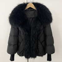Veste matelassée de luxe pour femme en fourrure de raton laveur véritable, manteau en duvet de canard blanc, design à col volumineux, coupe ample, parka d'hiver