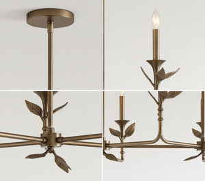Lustre de style campagnard français, rustique, pour salle à manger, hall d'entrée, en laiton antique, 6 lumières, candélabre à feuilles, CE UL, lustre botanique - Product Image 4