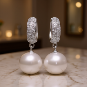 E1162 Orecchini di perle in oro bianco con diamanti naturali rotondi taglio brillante, gioielli da donna in stile classico - Product Image 2