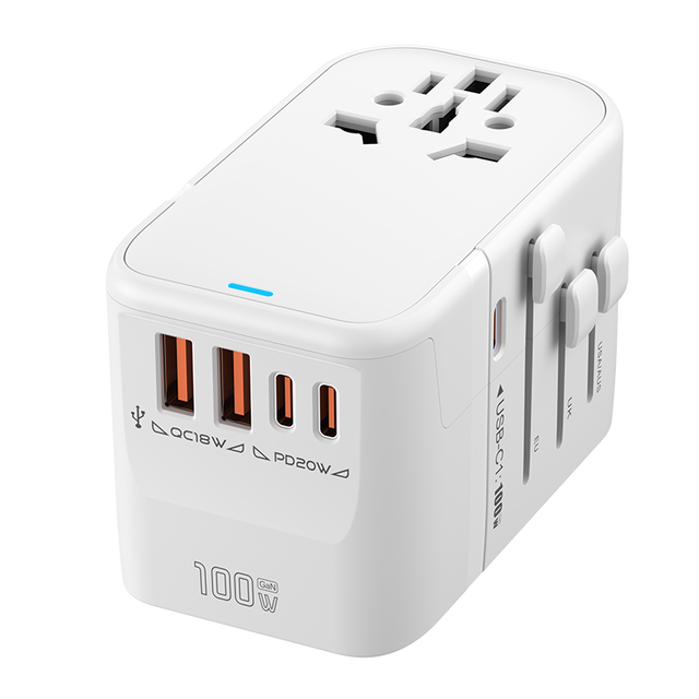 All in 1 Worldwide Travel Adapter GaN 100W PD Fast Charging Usb Adapter with 5 Ports 3 Usb-c 20W Ports 18W Usb Ports