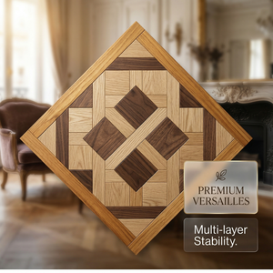 Parquet contrecollé <span class=keywords><strong>en</strong></span> bois massif multi-couches 3 lames Chêne Noyer <span class=keywords><strong>Teck</strong></span>, motif Versailles Chantilly Mansion Weave - Product Image 1