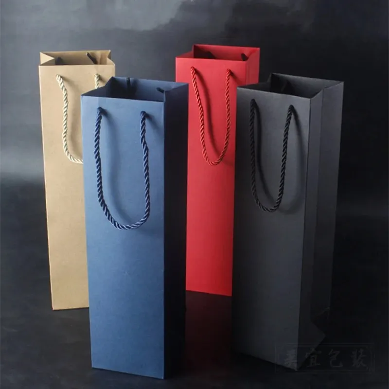 Bolsa para vinho tinto, sacola de papel para embalagem de vinho, faixa longa azul, garrafa única e dupla, bolso para presente de cor sólida espessada