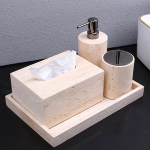 Hot <b>Sale</b> Free Combination Nature Marble Beige Travertine Stone Bathroom Toiletries Set Wabi Sabi Bathroom Amenities Kit - Product Image 6