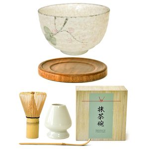 Japanese Style Matcha Set Traditional Bowl 100 Prong Chasen Bamboo Spoon Wooden Tray and Whisk Holder 5 Pieces Matcha Tools