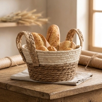 Panier de rangement en corde naturelle beige avec fond noir et poignées, panier tressé à la main, panier gigogne en jonc de mer pour pain et cadeaux