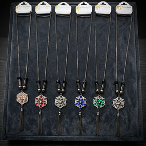 PingBling Wholesale Oxidized Black <b>Long</b> Chain <b>Necklace</b> with Multicolor Floral Stone Pendant and Tassel for Women - Product Image 3