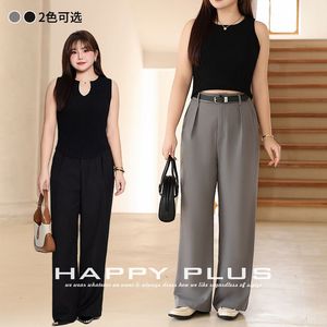 Pantalon de costume large pour femmes grandes tailles Runqi, gris, taille haute, coupe droite, décontracté, pour le bureau, N8881 - Product Image 4