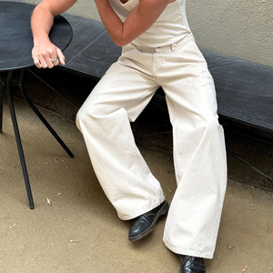 Pantalon plissé en coton <span class=keywords><strong>blanc</strong></span> pour homme, coupe ample, jambe large, légèrement évasée, avec poches plaquées cousues, prélavé et pré-rétréci, style <span class=keywords><strong>jean</strong></span> pour garçon - Product Image 5