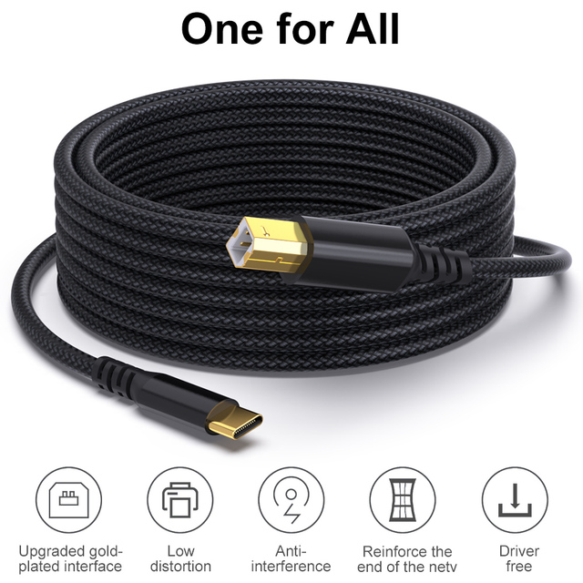 USB-C to USB-B 2.0 Printer Cable Gold Plated Connector 480Mbps Nylon Braided Multiple Lengths for Office Scanner Device