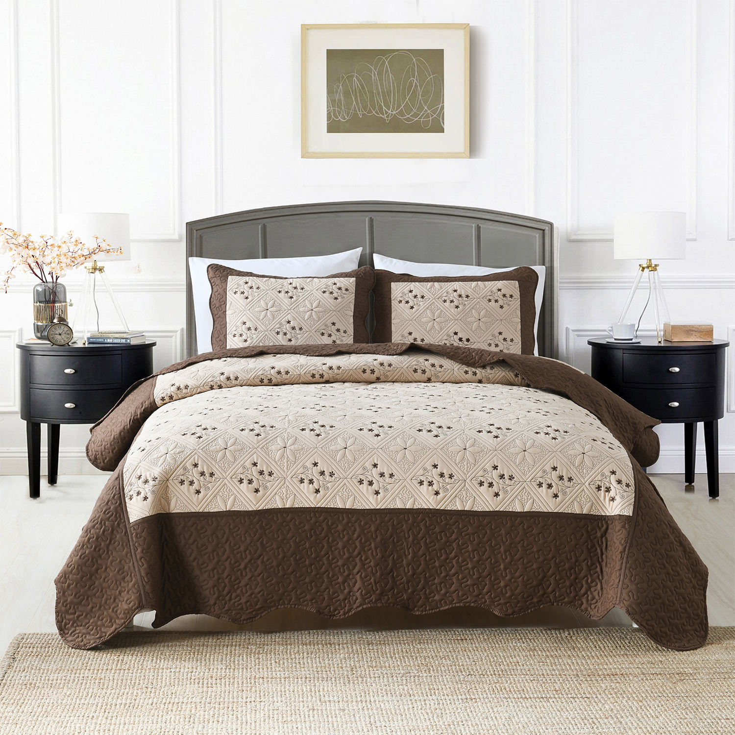 Luxury Burgundy Microfiber Comforter Set - Embroidered Quilted Bedspread  for Queen/King Size | All-Season Bedding, image size:1500x1500