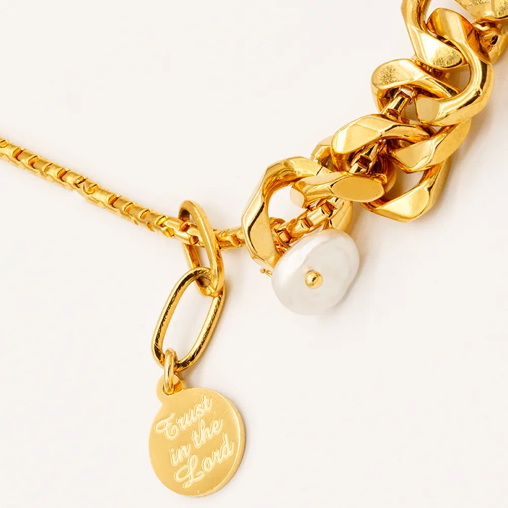 Boho Halskette Gold Link Kette Mit Perle, Massiv Gold Perlenkette