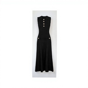 <b>Black</b> Sleeveless Polo Neck Maxi Sweater <b>Dress</b> with <b>Button</b> Detail A-Line Silhouette Minimalist Style Summer Viscose Breathable - Product Image 3