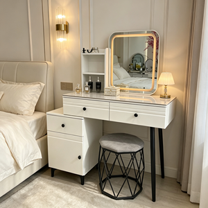Modern Makeup <b>Vanity</b> With Lighted Mirror And Storage Drawers Bedroom Dressing <b>Table</b> With Stool - Product Image 4