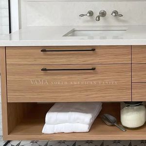 VAMA custom כפול כיור יהירות עם עץ פורניר מגירות לבן קוורץ השיש backsplash - Product Image 3