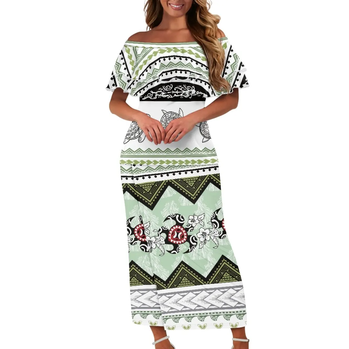 Samoan Tribal Puletasi Clothing Two Piece Dress Custom Polynesian Style Ruffles Tops And Maxi Skirt For Women