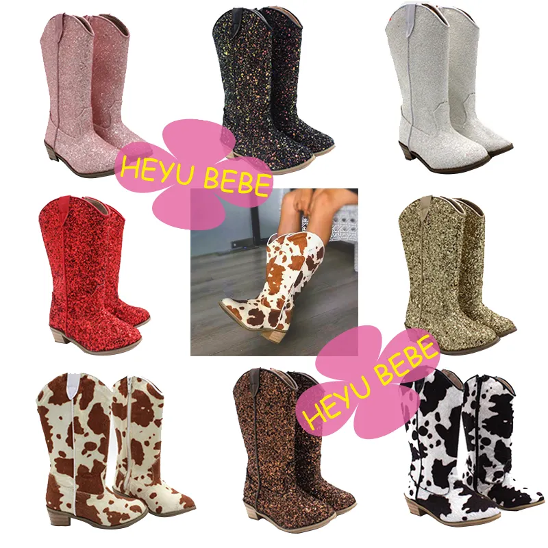 RTS American Style Children Western Cowboy Boots Kids Zipper Country Tall Canister Boots Sequin Cow Fashion High Heel Girl Shoes