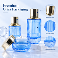 Set Kemasan Perawatan Kulit Kaca Biru 30g 50g 40ml 100ml 120ml Botol Krim Losion Toner Kosmetik
