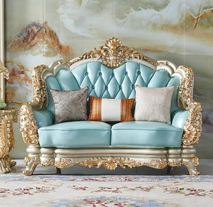 Divano in Stile Europeo per Villa di Lusso, Combinazione 1 2 3 Posti, Set di Divani in Legno Massello Intagliato e Pelle Anticata - Product Image 3