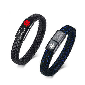 Pulsera Médica de Acero Inoxidable para Hombre, Tipo <span class=keywords><strong>2</strong></span> <span class=keywords><strong>Diabetes</strong></span>, con Cuerda de Cuero, Hebilla Magnética Electrochapada, Joyería DIY con Grabado - Product Image 1