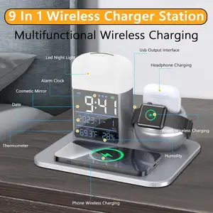 2024 New Wireless Charger Lamp With Night Light And Digital Alarm Clock 6 In 1 Wireless Charging Station