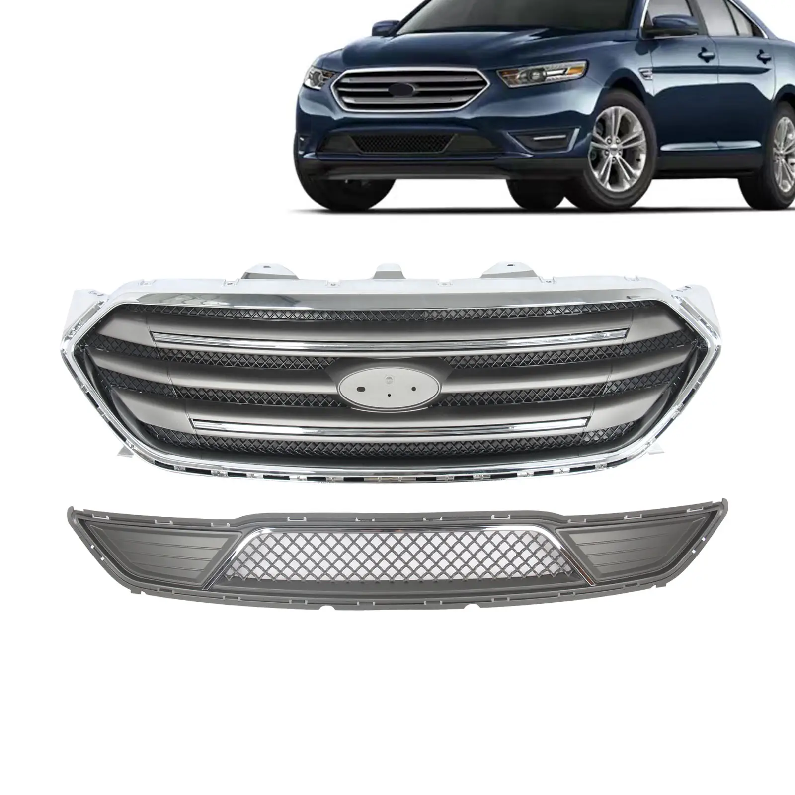 Fits Ford Taurus 13-19 Front Grille Chrome and Front Bumper Lower Grille Center Gray Plastic 2PCS