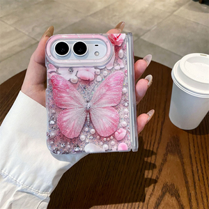 เคสโทรศัพท์ IMD ลายผีเสื้อสีชมพูสุดแฟชั่นสำหรับ iPhone Duo 18 พับได้ รุ่น Ultra Clear Love Heart Butterfly Glitter ป้องกันการกระแทก - Product Image 1