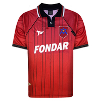 Maillot de football rétro personnalisé, rouge vintage à rayures fines, avec manches raglan noires et bandeaux aux poignets, version fan, pour hommes, fournisseur en gros
