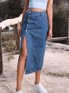 <span class=keywords><strong>Falda</strong></span> vaquera midi casual <span class=keywords><strong>de</strong></span> cintura alta para mujer, <span class=keywords><strong>con</strong></span> botones, dobladillo dividido, ajustada, estilo lápiz, corte slim - Product Image 5