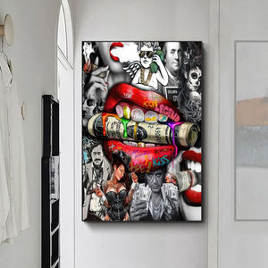 Tableau mural Femme sexy avec billets de banque et cigarette, Affiches et impressions pour salon, Graffiti de rue mode avec lèvres sexy et billets, <span class=keywords><strong>D</strong></span>écoration intérieure - Product Image 2