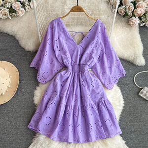Blanc/violet/bleu col en V été nouvelle dentelle broderie robe femmes manches courtes robes femme Vintage fête plage robes mi-longues - Product Image 4