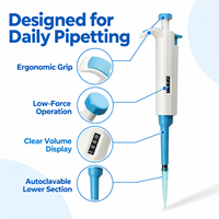Pipette ergonomique en plastique monocanal à volume réglable par déplacement d'air, calibrée selon la norme ISO 8655, pour usage en laboratoire, modèle Qpette