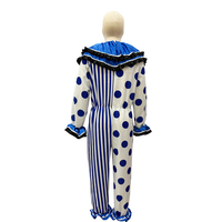 Gruseliges Clown-Kostüm für Herren, blau gepunkteter, gestreifter Overall mit Rüschenkragen, orangefarbene Pompons für Erwachsene, Cosplay-Party