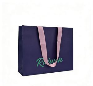 Custom OEM Free Design Handmade Pink Ribbon Handle Coated Dark Blue Kraft Packaging Paper <b>Bag</b> <b>for</b> Gift Packaging - Product Image 6