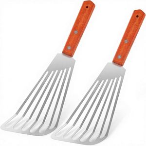 Ensemble de 2 spatules avec manche en bois, en acier inoxydable de qualité alimentaire, spatule ajourée pour retourner le poisson, les omelettes, les steaks et plus encore - Product Image 3