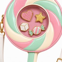 Tas Selempang Bertema Permen Unik dengan Desain Lollipop, Hati, Bintang, dan Gula Batu, Dilengkapi Pin Enamel Permen yang Dibungkus