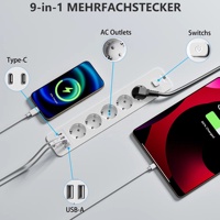 Multiprise EU 5 voies avec 4 ports USB, 2 USB-C PD 20W, 2 ports USB-A QC 3.0, prises Schuko, montage mural, noir