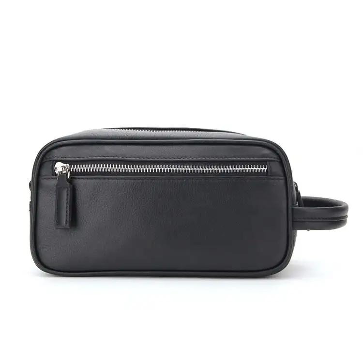 Bolsa de banho macia para homens, bolsa de cosméticos para viagem em couro PU preto, preta e impermeável com logotipo personalizado
