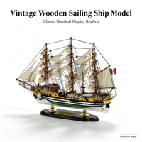 Modèle de bateau à voile vintage personnalisé en bois avec gréement multi-mâts, voiles blanches, coque jaune-noire et support noir