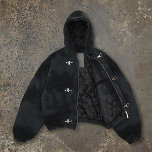 Chaqueta vaquera informal vintage para hombre con cierre de gancho tipo bomber, lavado ácido desgastado, acolchada, cortavientos y transpirable - Product Image 1