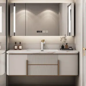 Armoires en contreplaqué modernes de luxe, comptoir en céramique, évier simple, vanity de salle de bain avec miroir et lumières Led
