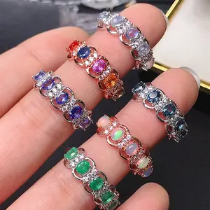 Multiple Natural Opal Emerald Tanzanite Half Eternity Band Rings S925 Sterling Silver 3*4mm Oval Cut Gemstone Jewelry Wholesale