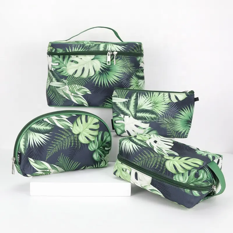 OEM/ODM Green Leaf Makeup Bag Travel Clutch Tropical Toiletries Storage Pouch Canvas Cosmetic Bags With Zipper